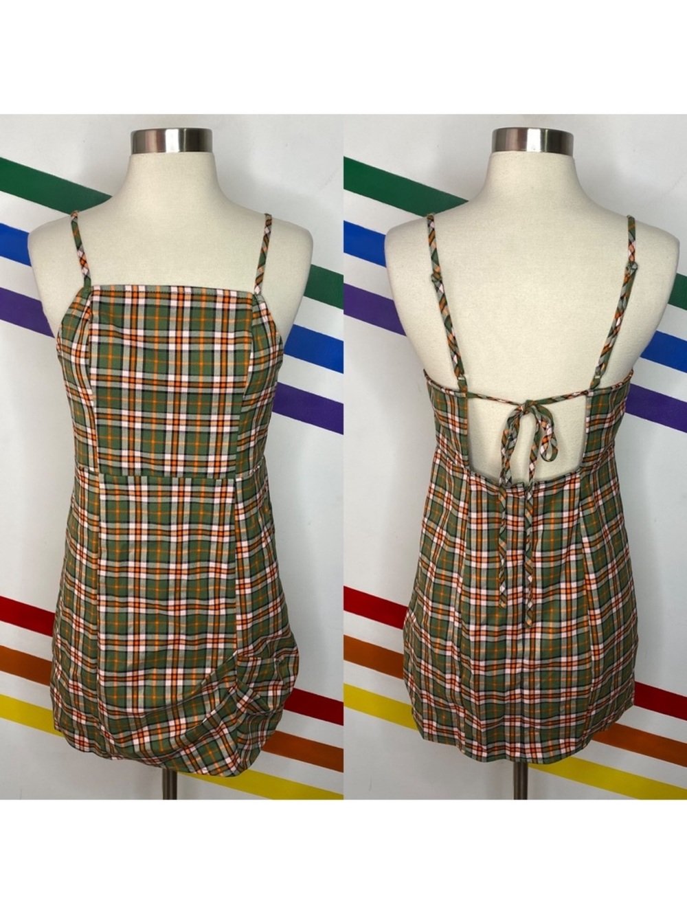 NEW Urban Outfitters UO Monica Plaid Square Neck Mini Dress Green M